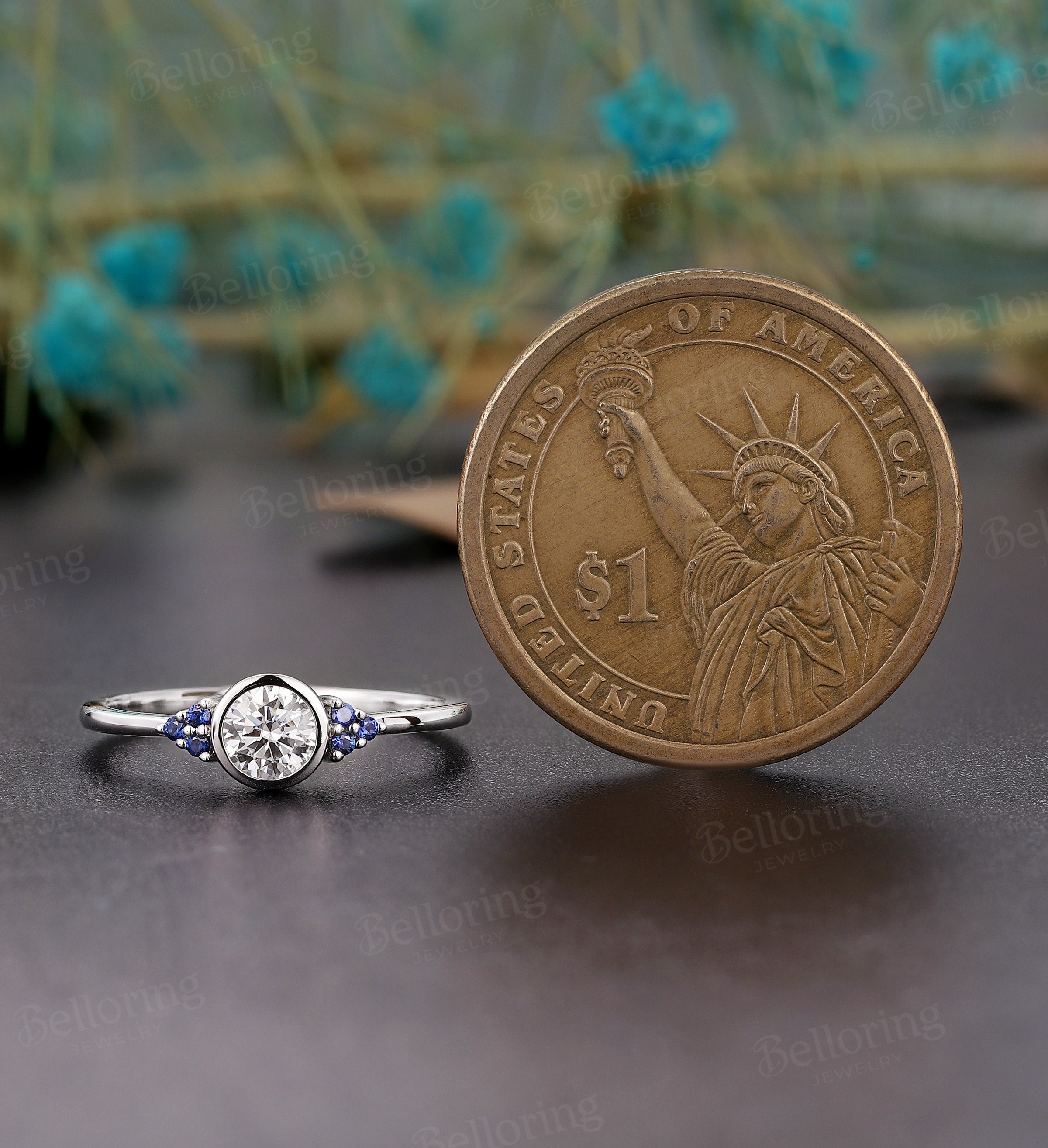 Art deco moissanite engagement ring, Vintage natural sapphire white gold promise ring, Unique Delicate wedding Bridal wedding ring