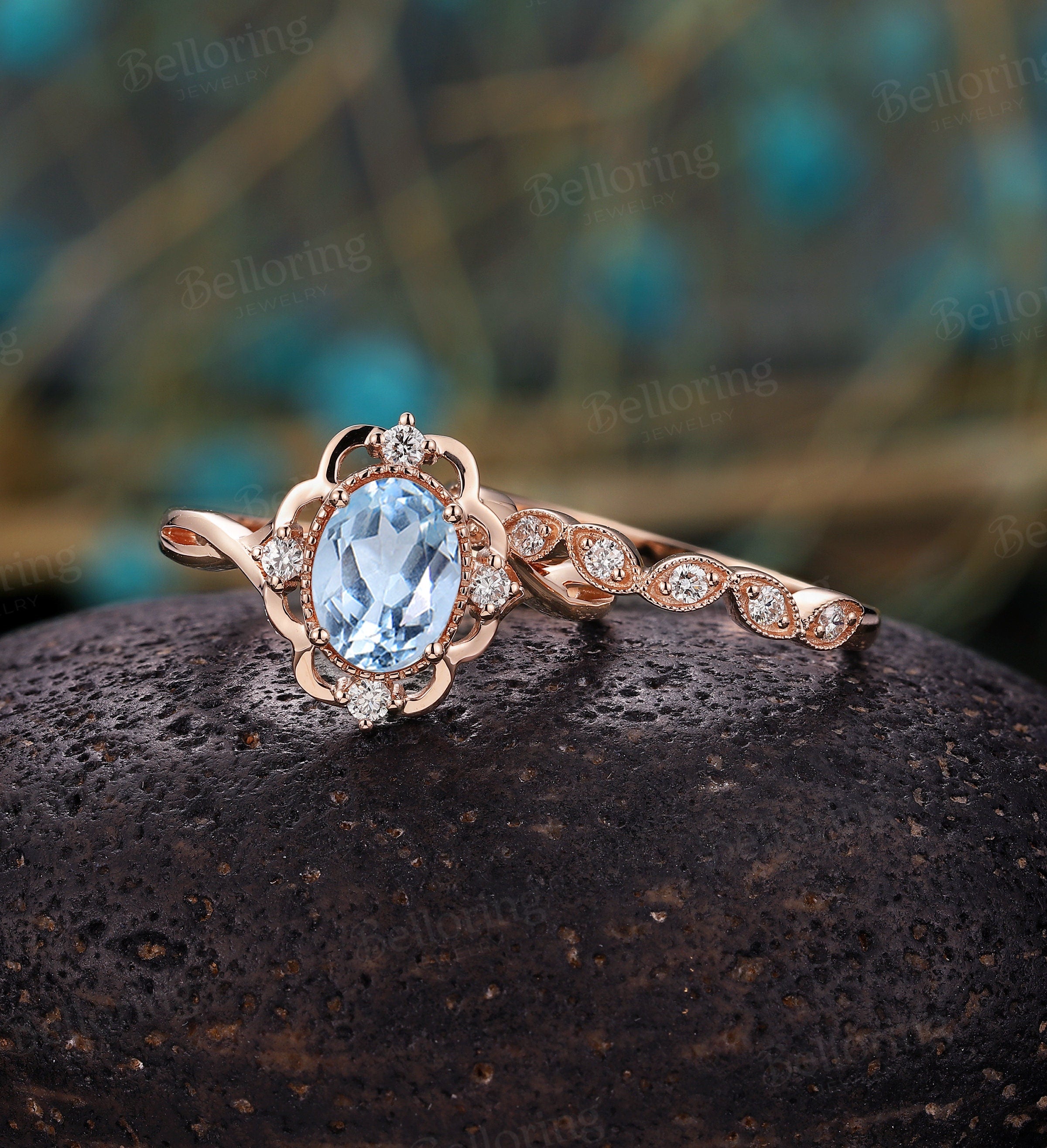 Aquamarine engagement ring vintage Rose gold  oval cut Antique Delicate diamond Half eternity Wedding  Promise Anniversary wedding ring