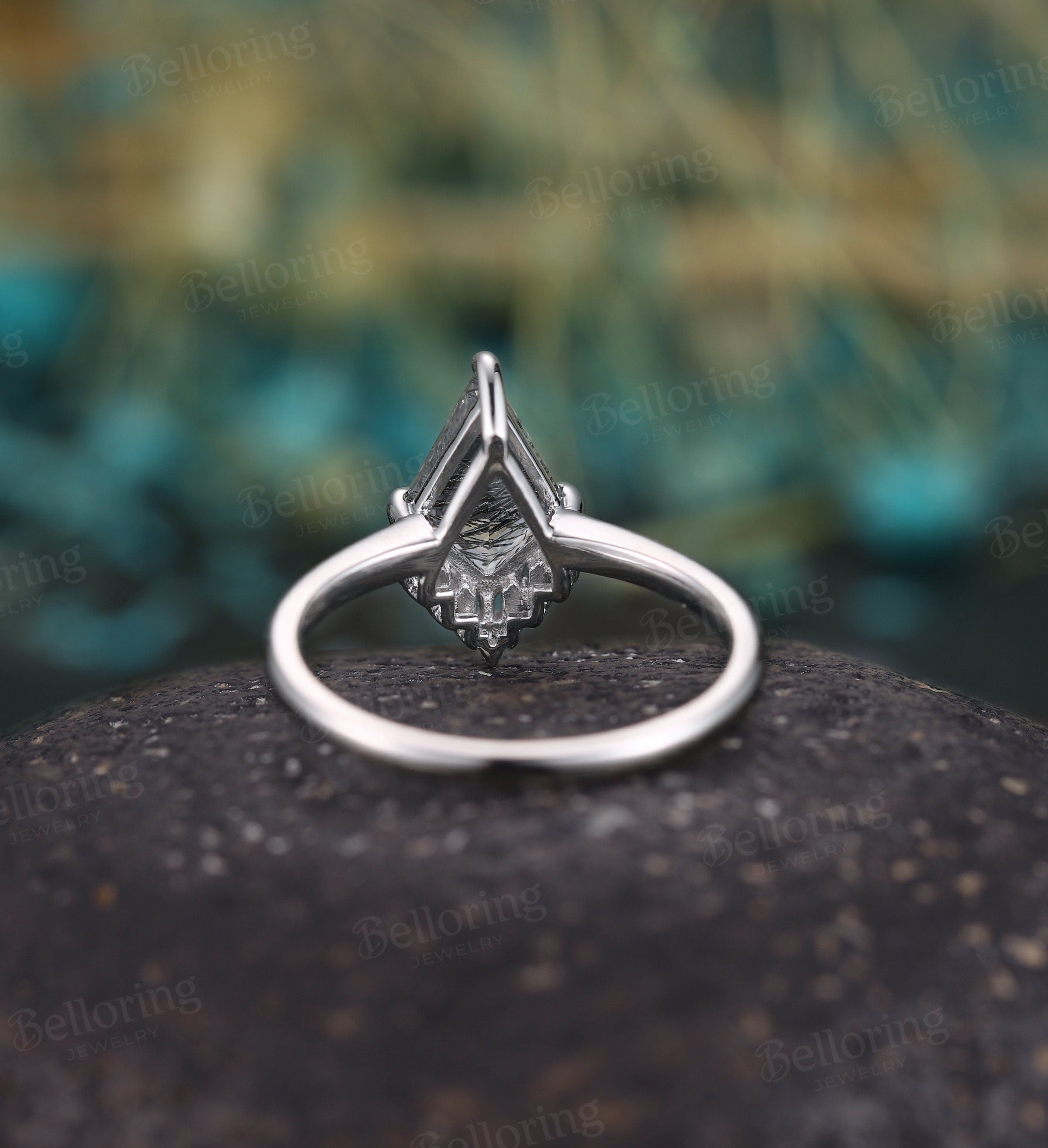 Kite shaped Black Rutilated Quartz engagement ring, vintage unique diamond white gold ring, baguette art deco anniversary bridal ring