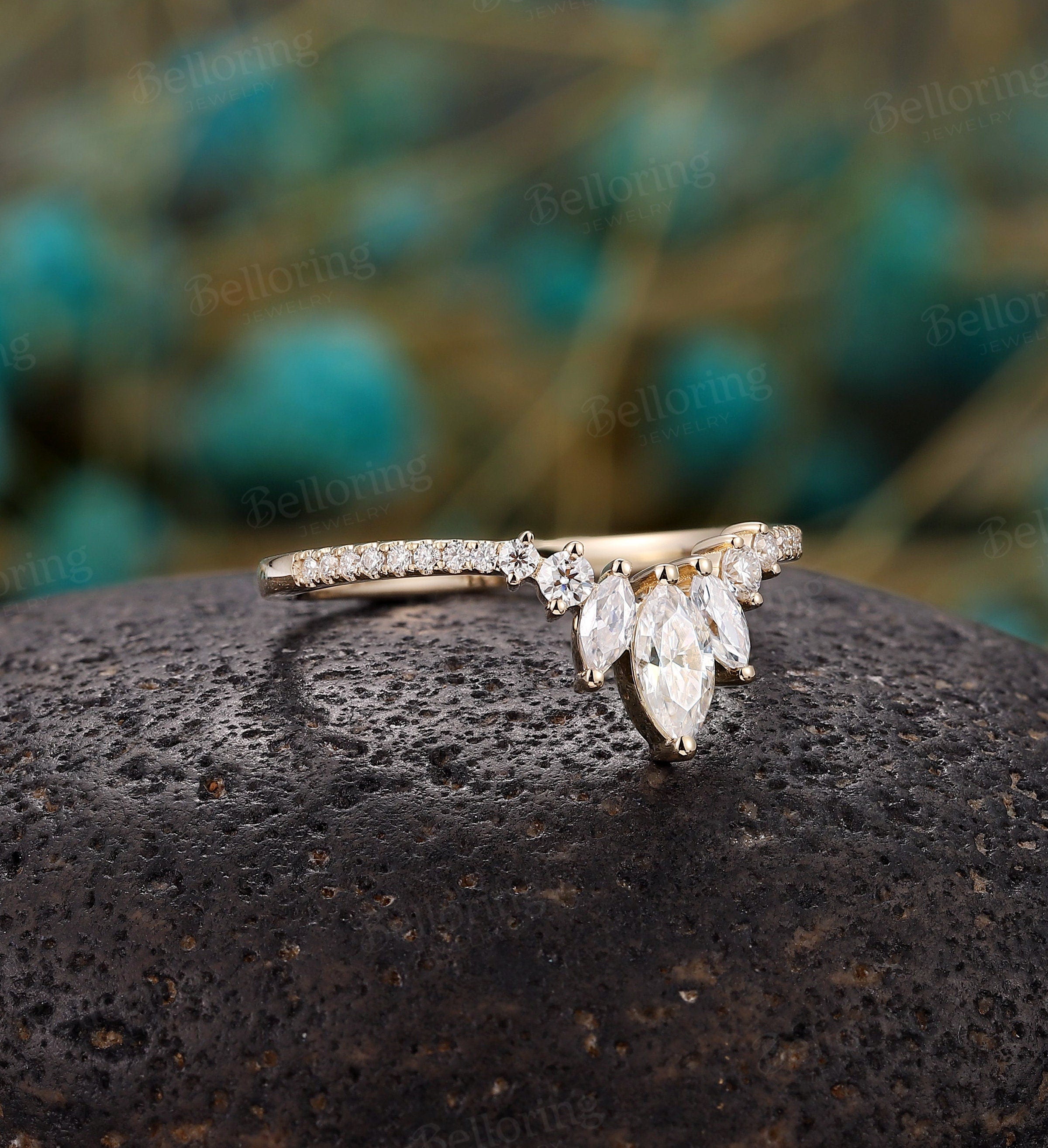 Marquise cut Moissanite curved wedding band, yellow gold vintage Half eternity Wedding ring,unique art deco Anniversary wedding ring