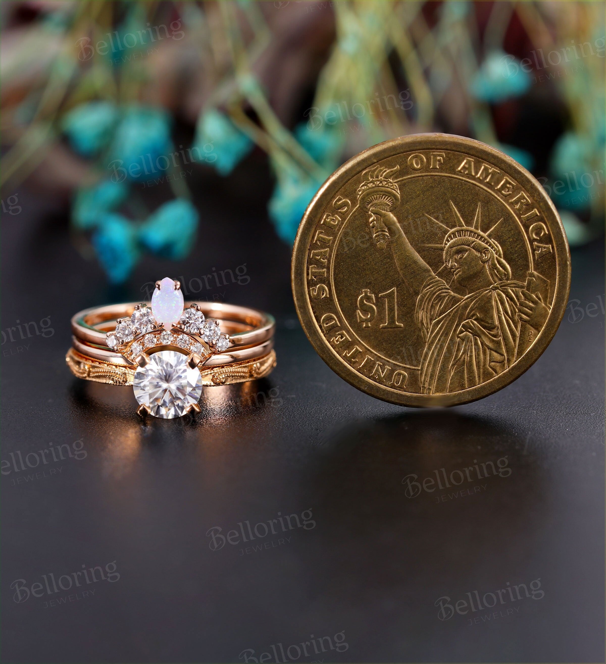 Moissanite engagement ring set Vintage  Solitaire rose gold  marquise opal Art deco Unique wedding Jewelry promise stacking rings