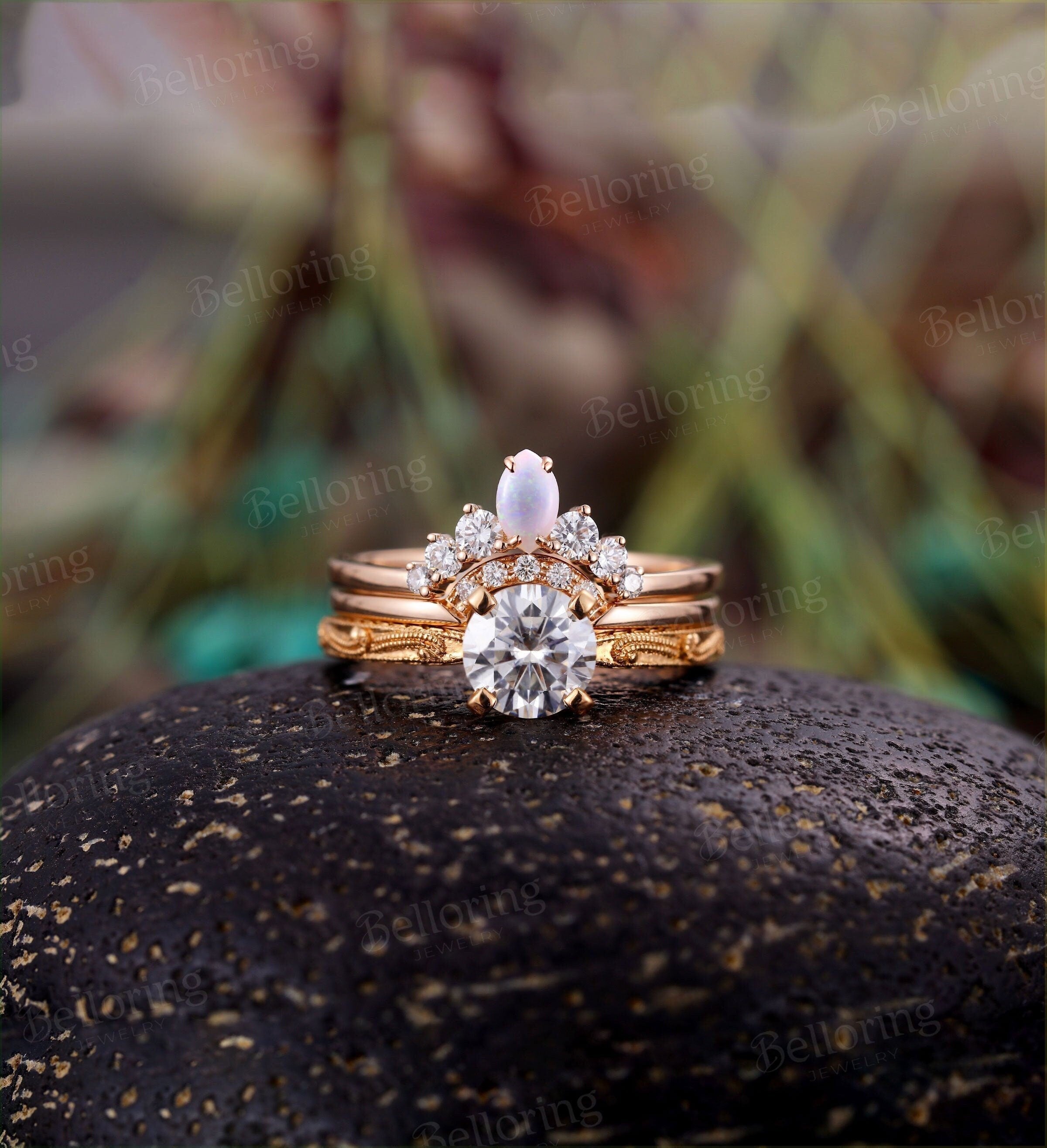 Moissanite engagement ring set Vintage  Solitaire rose gold  marquise opal Art deco Unique wedding Jewelry promise stacking rings