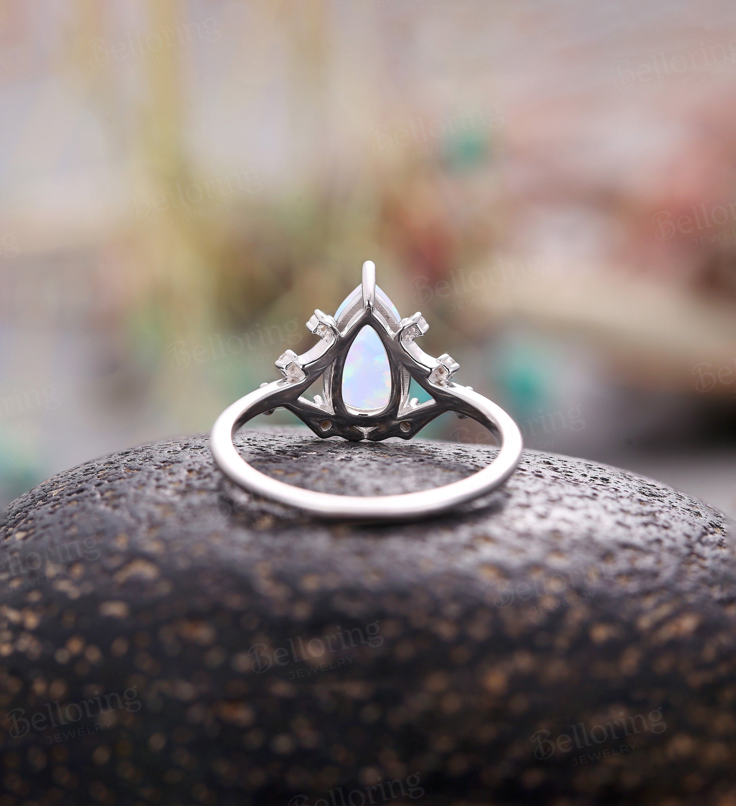 Lab created Opal pear shaped engagement ring for  white gold ring vintage rings alternative rings promise ring art deco unique rings