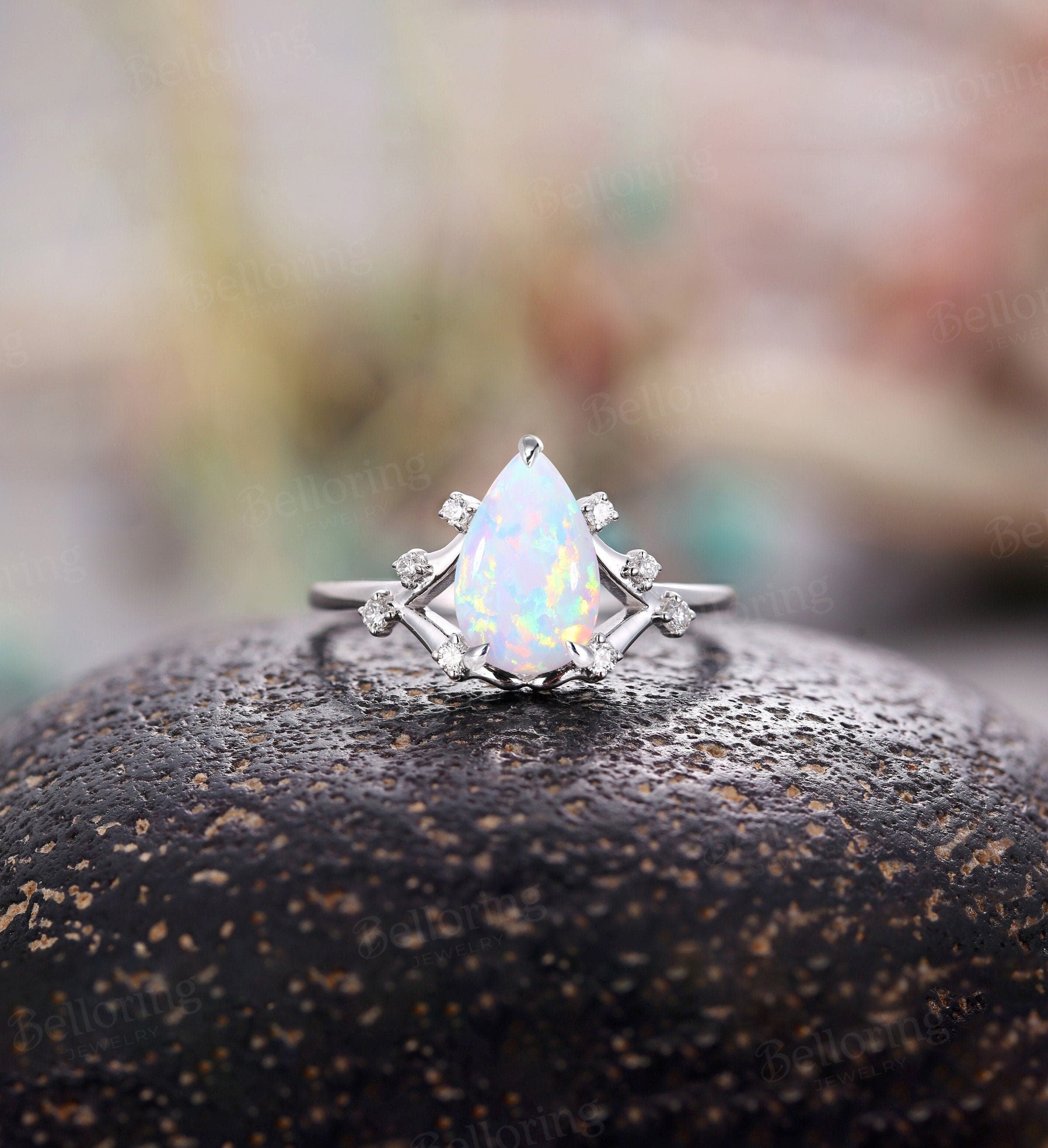 Lab created Opal pear shaped engagement ring for  white gold ring vintage rings alternative rings promise ring art deco unique rings