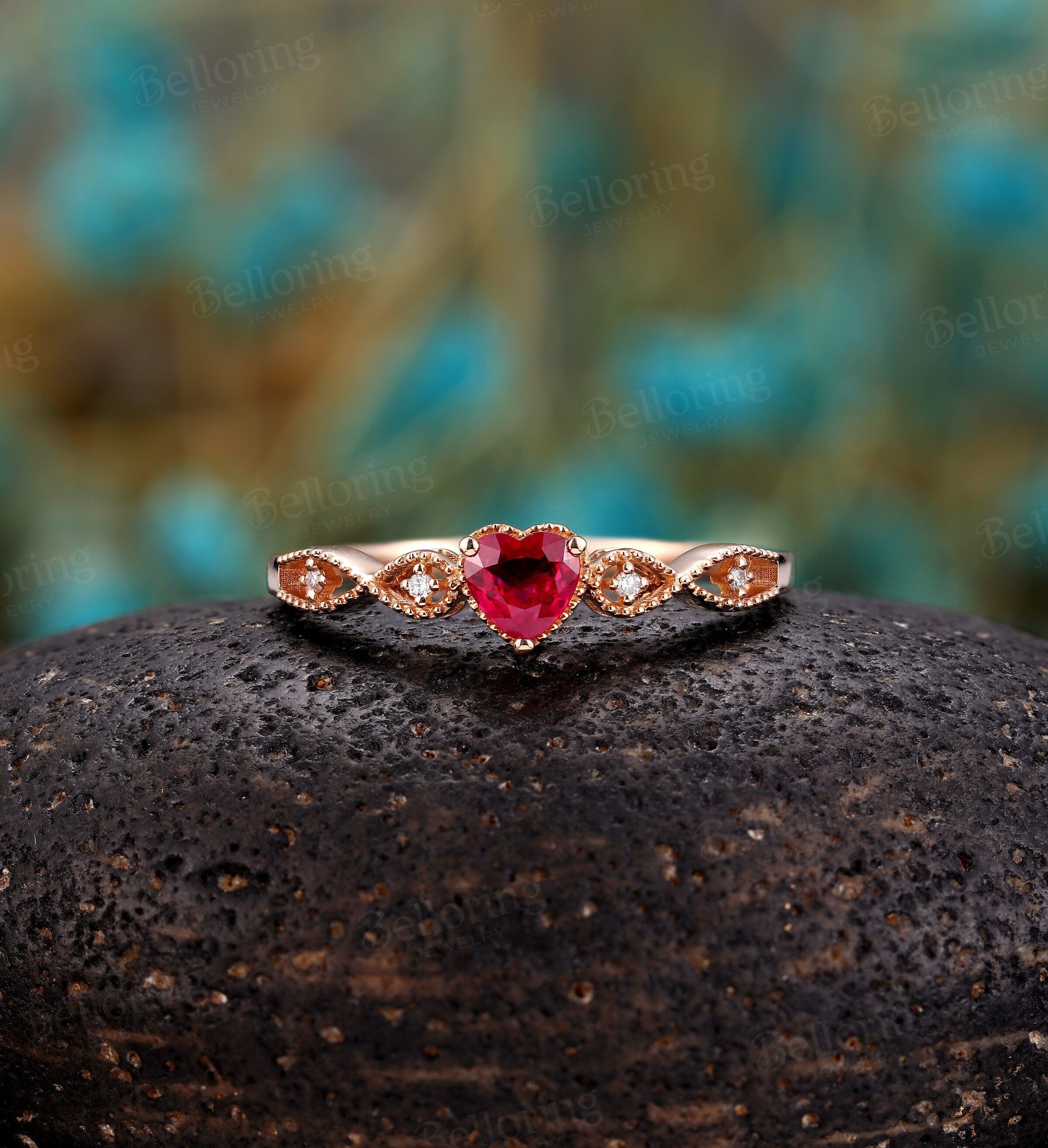 Heart shaped Ruby engagement ring rose gold ring, Vintage milgrain diamond wedding ring, unique antique art deco Anniversary wedding ring