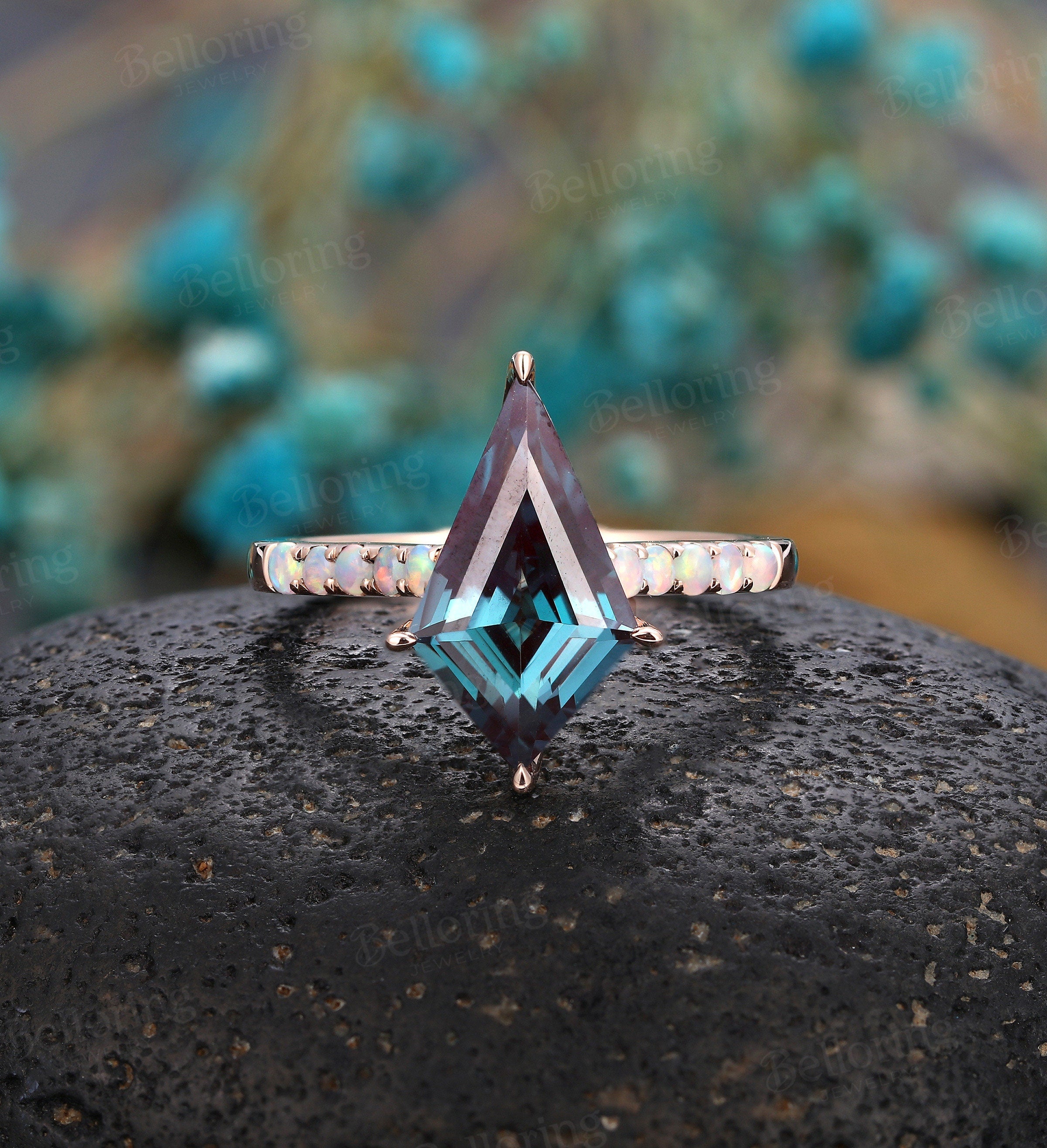 Vintage Alexandrite engagement ring set Rose gold kite cut ring set unique ring art deco Prong set Opal Milgrain Anniversary bridal set