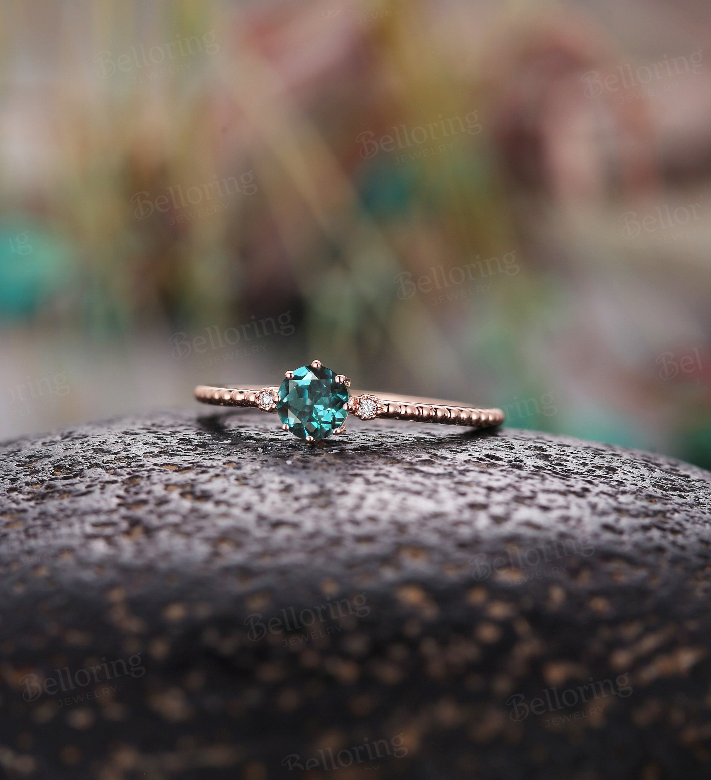 Delicate Alexandrite engagement ring, Vintage diamond rose gold wedding ring, Unique Art deco bridal ring, Anniversary three stones ring