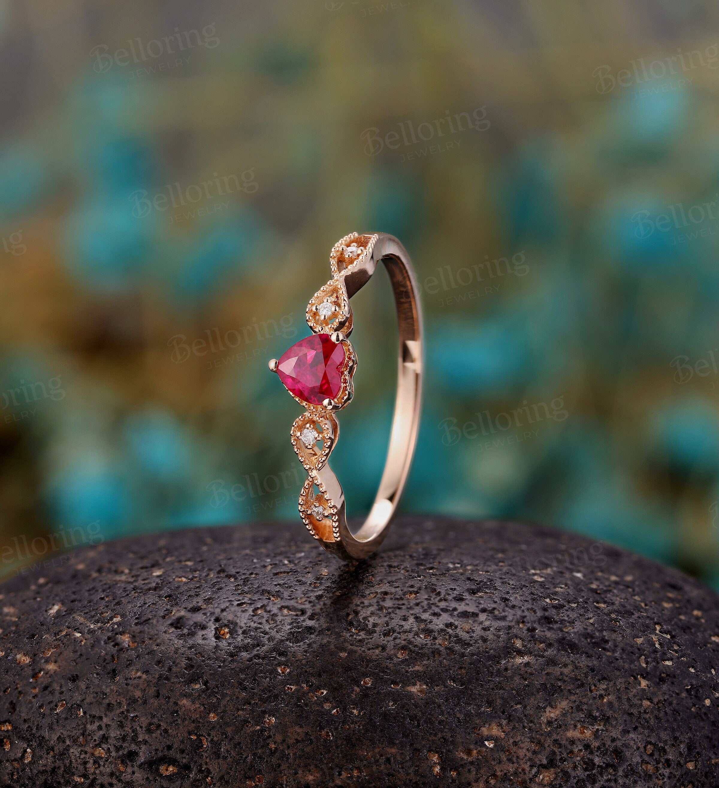 Heart shaped Ruby engagement ring rose gold ring, Vintage milgrain diamond wedding ring, unique antique art deco Anniversary wedding ring