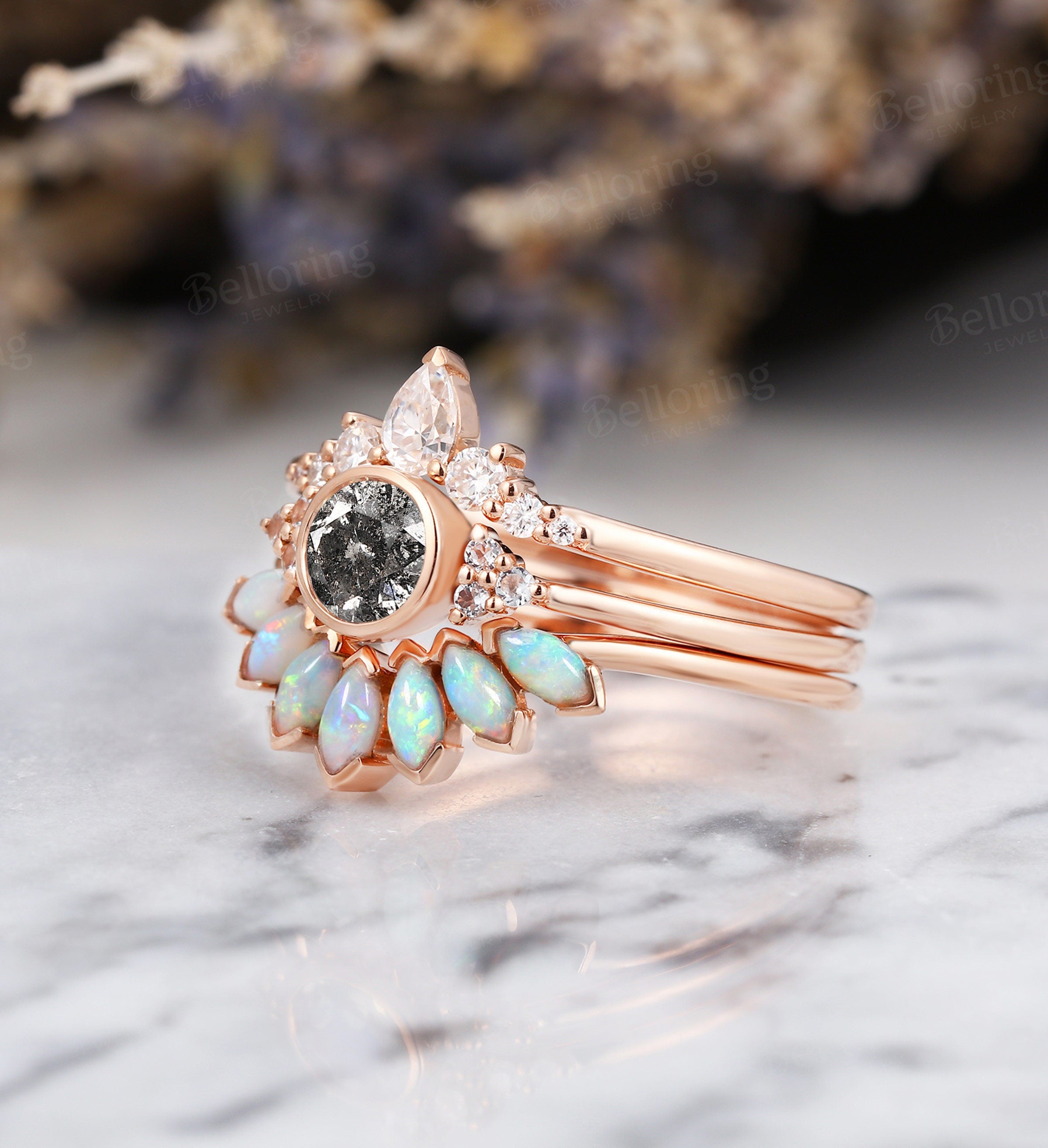 Art deco Salt and Pepper Diamond engagement ring Vintage Opal Topaz rose gold Unique moissanite wedding band Bridal set Anniversary gift