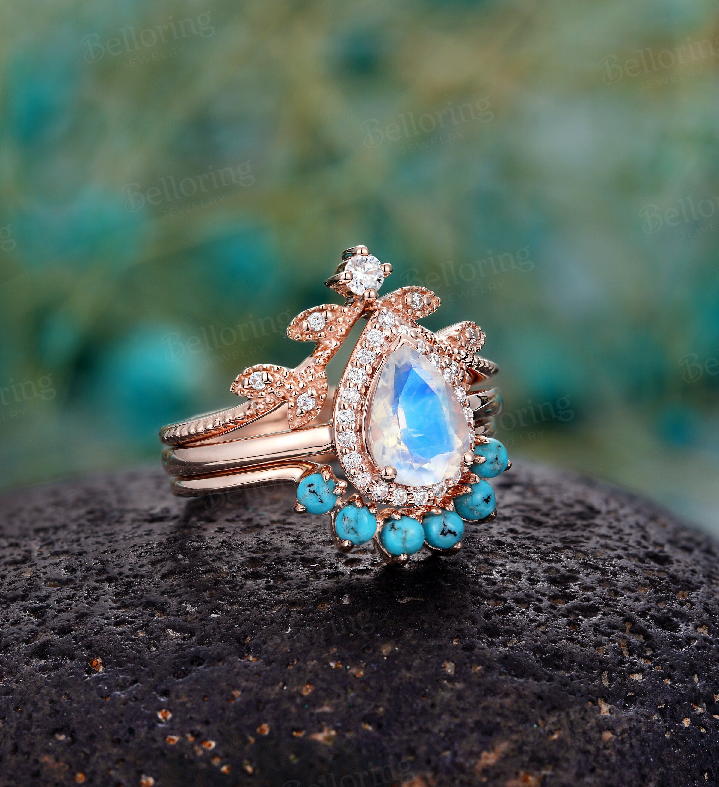 Moonstone engagement ring set, Rose gold pear cut vintage leaf moissanite/diamond bridal ring, turquoise Wedding  Anniversary promise ring