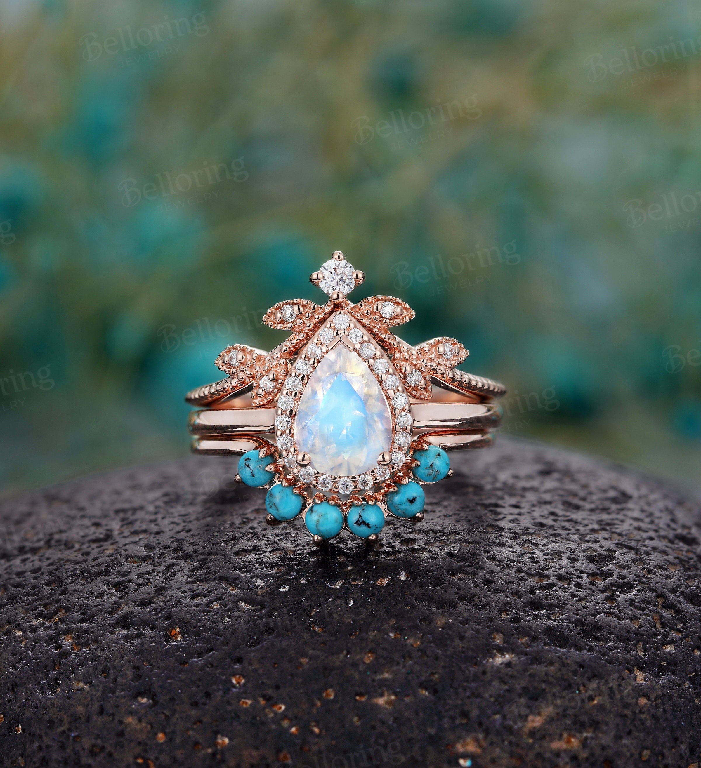 Moonstone engagement ring set, Rose gold pear cut vintage leaf moissanite/diamond bridal ring, turquoise Wedding  Anniversary promise ring