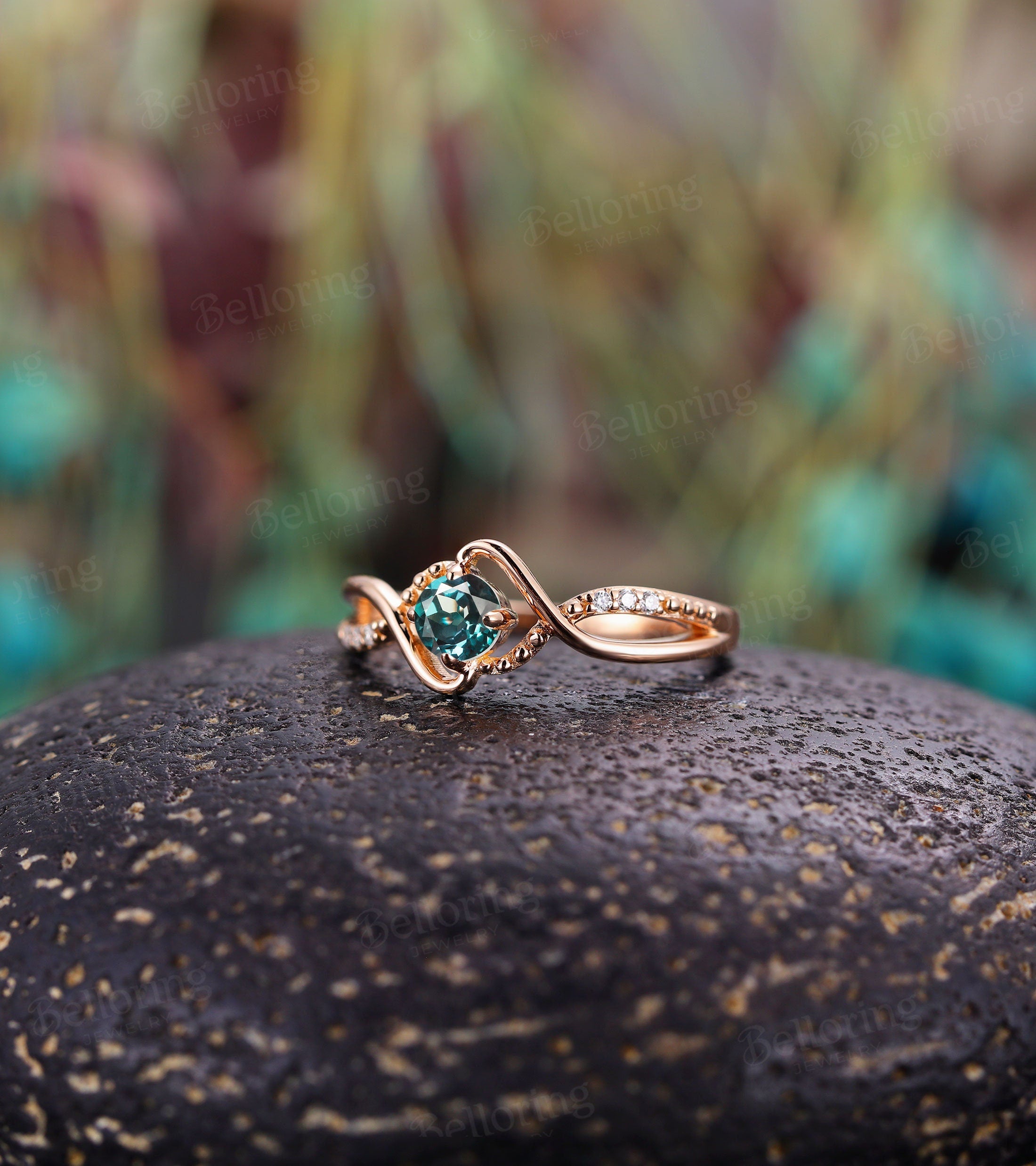 Alexandrite engagement ring, Vintage diamond rose gold wedding ring, Unique wedding Art deco Delicate Anniversary wedding promise ring