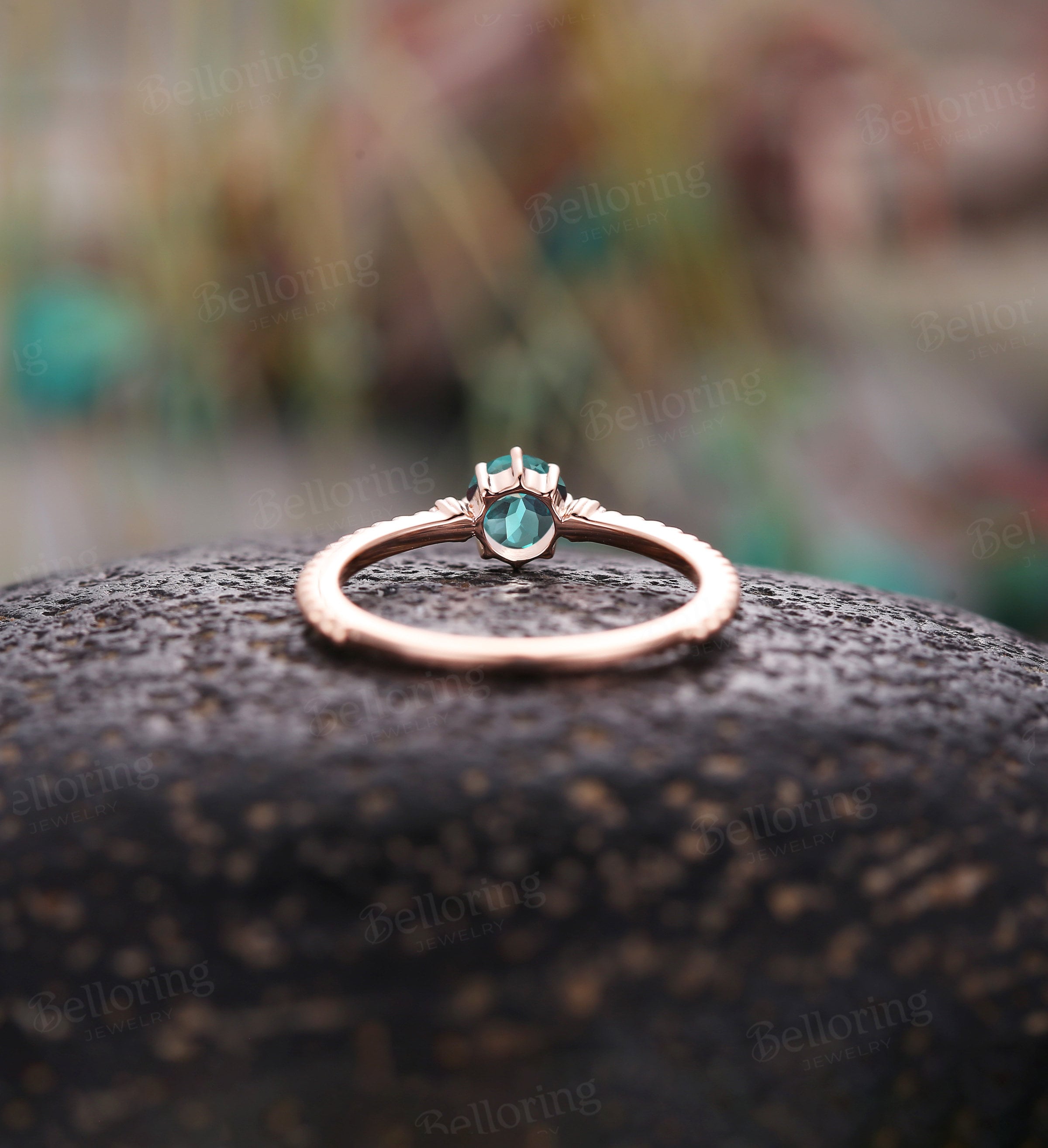 Delicate Alexandrite engagement ring, Vintage diamond rose gold wedding ring, Unique Art deco bridal ring, Anniversary three stones ring