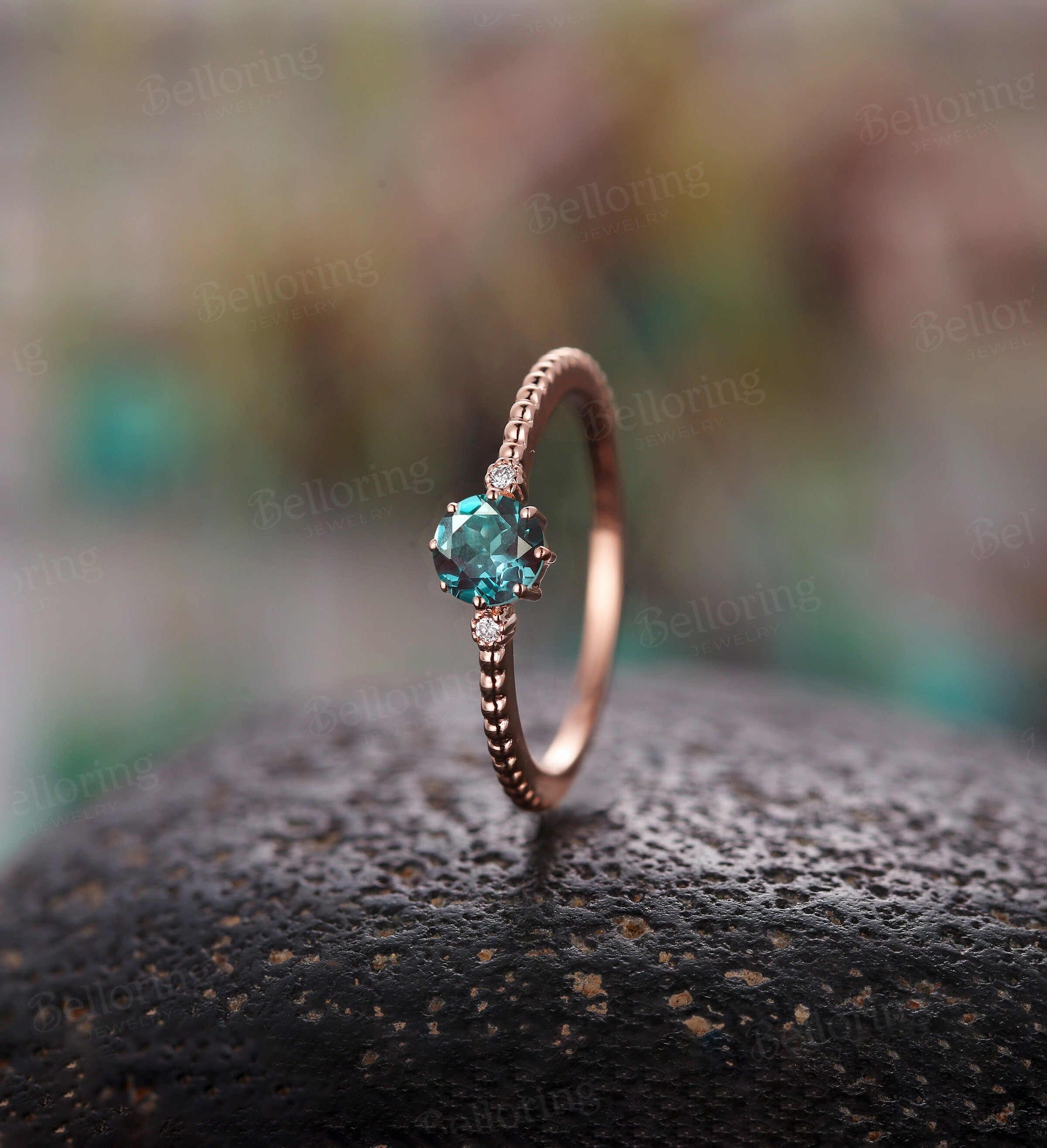 Delicate Alexandrite engagement ring, Vintage diamond rose gold wedding ring, Unique Art deco bridal ring, Anniversary three stones ring