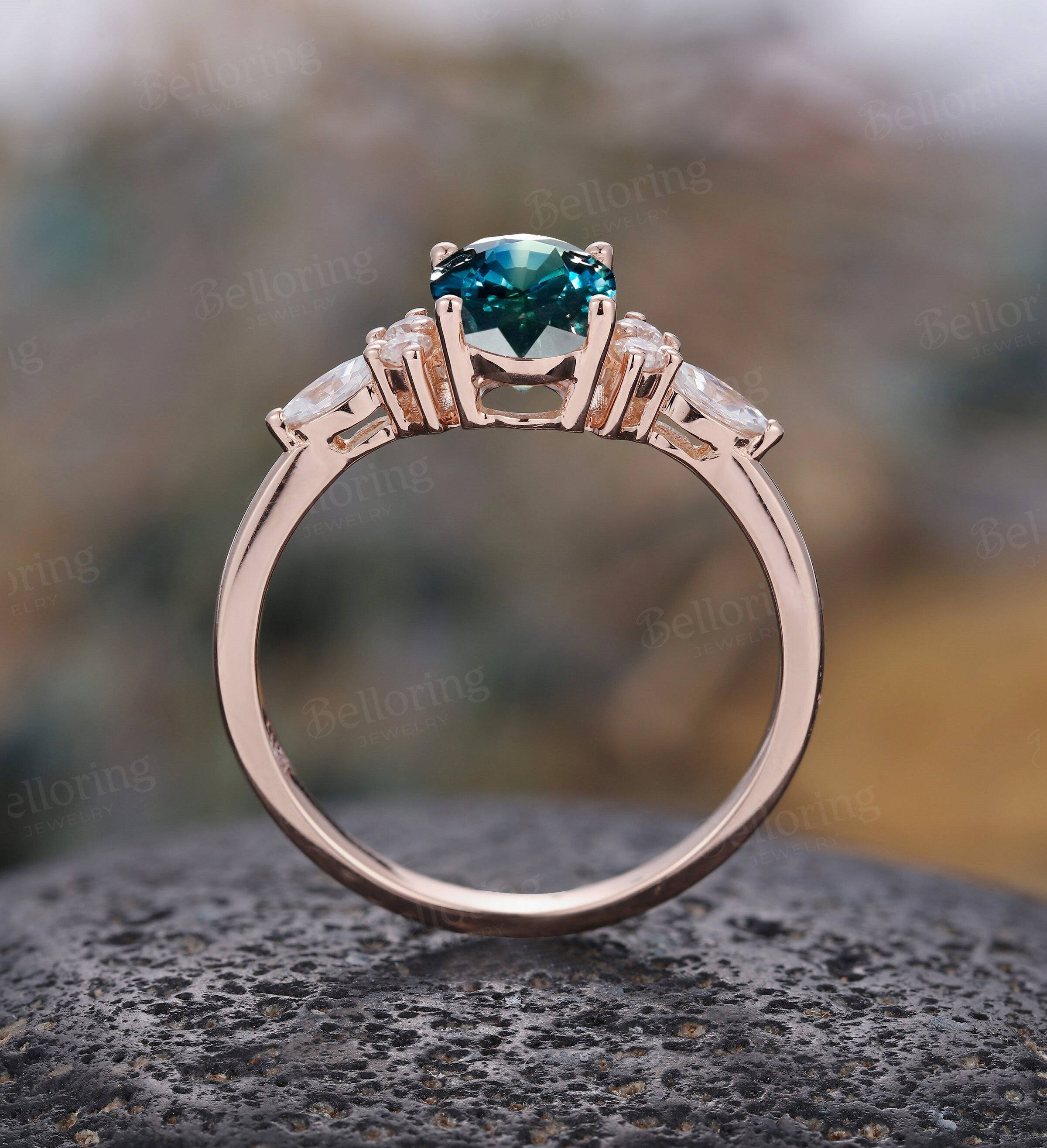 Art deco oval cut Teal Sapphire engagement ring, Vintage antique rose gold Unique wedding ring, moissanite/diamond promise Anniversary ring