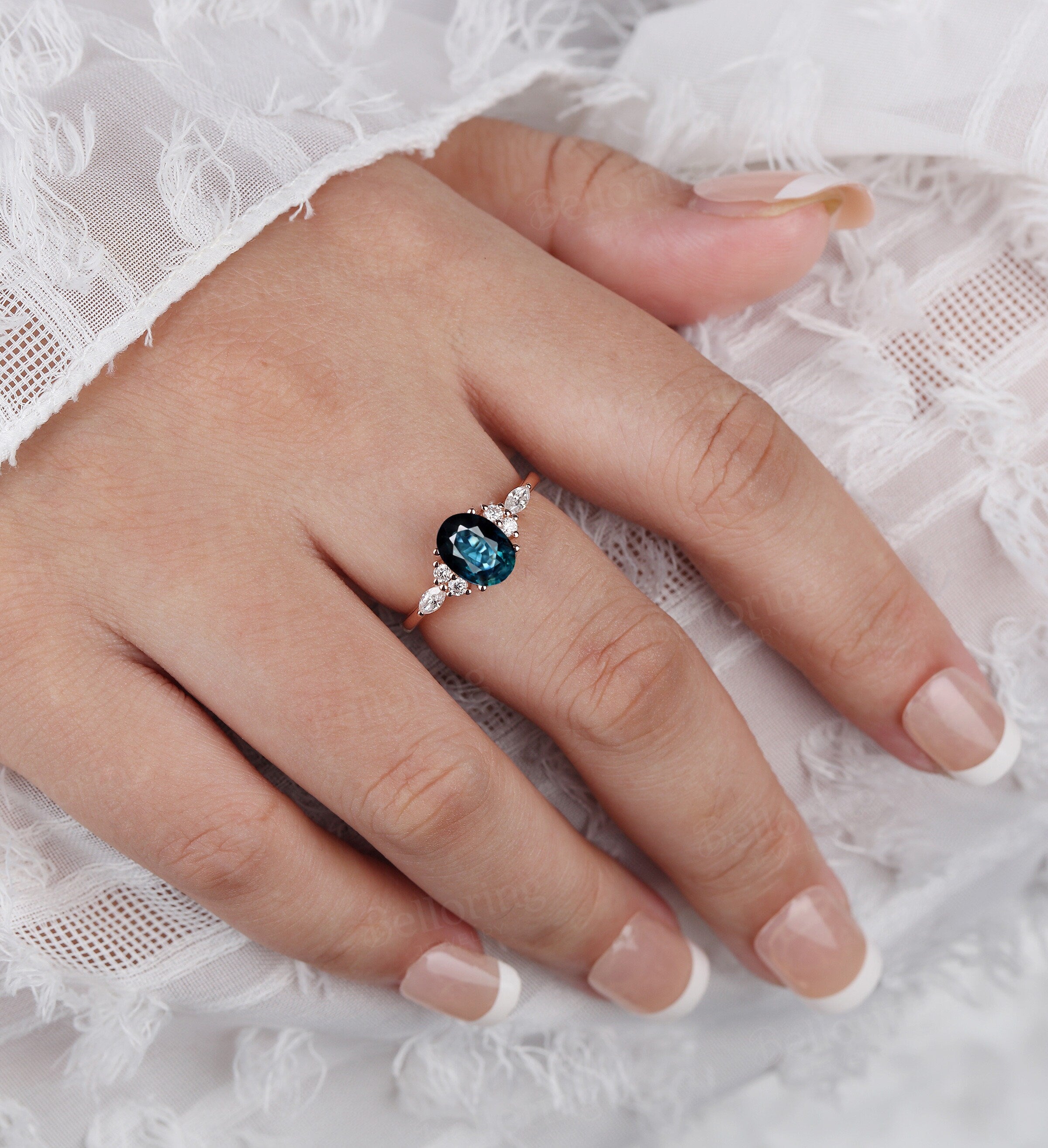 Art deco oval cut Teal Sapphire engagement ring, Vintage antique rose gold Unique wedding ring, moissanite/diamond promise Anniversary ring