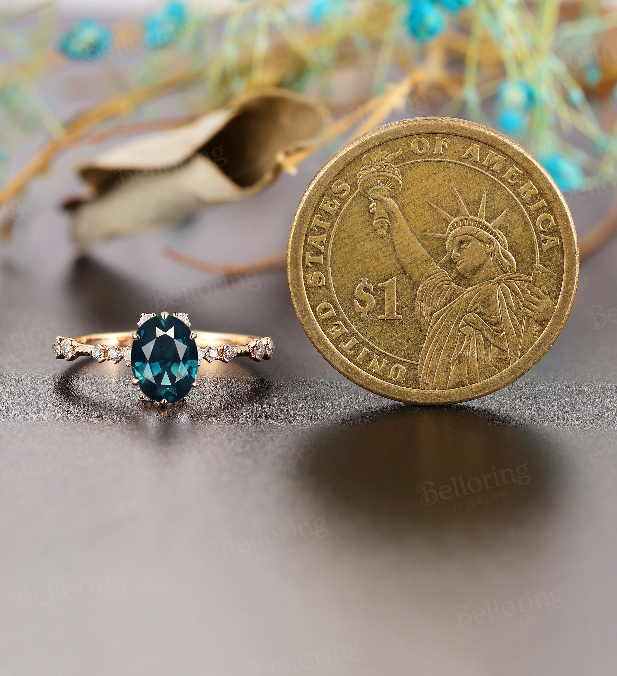 Art deco oval cut Teal Sapphire engagement ring, Vintage antique rose gold Unique wedding ring, moissanite milgrain promise Anniversary ring