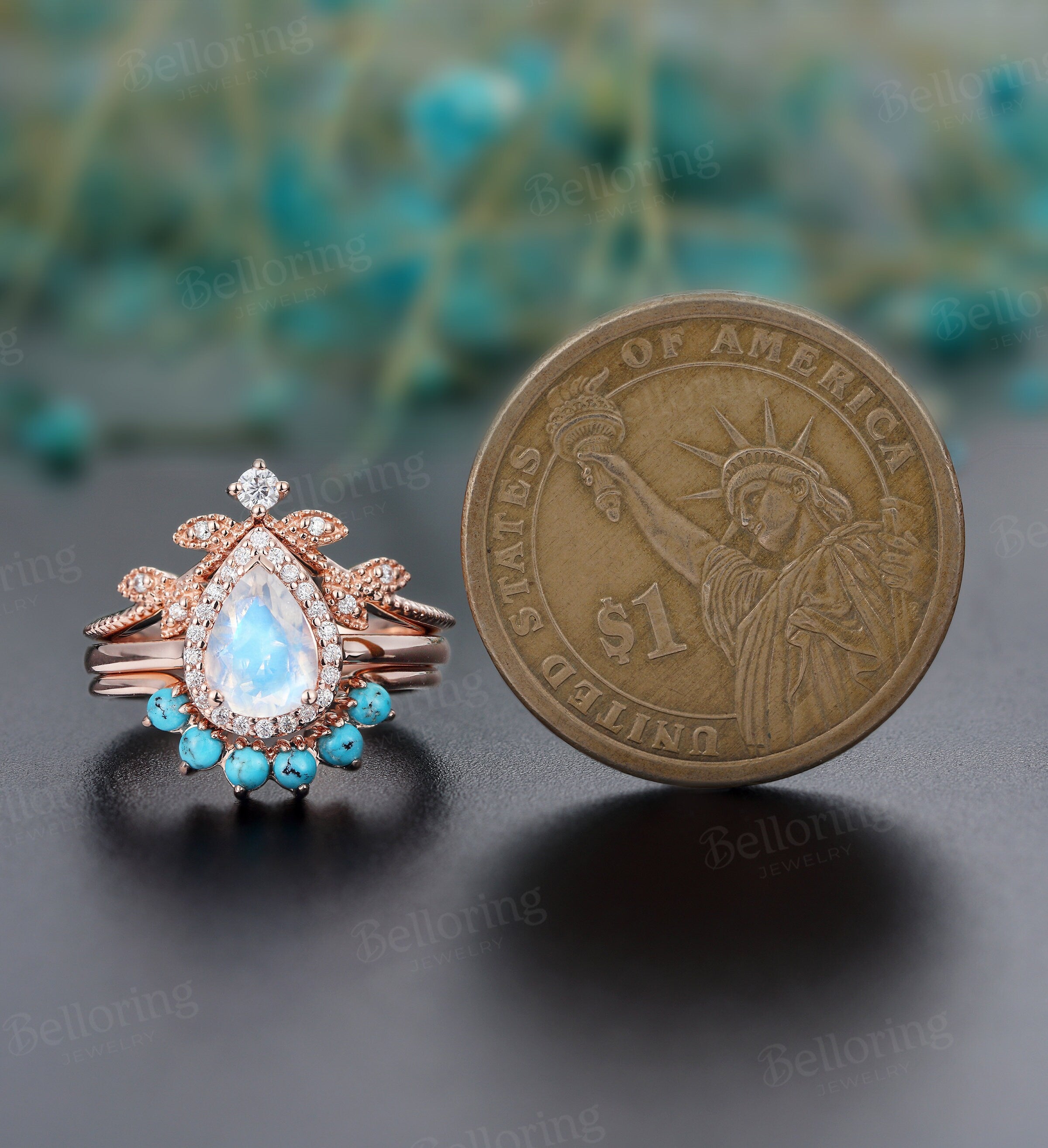 Moonstone engagement ring set, Rose gold pear cut vintage leaf moissanite/diamond bridal ring, turquoise Wedding  Anniversary promise ring